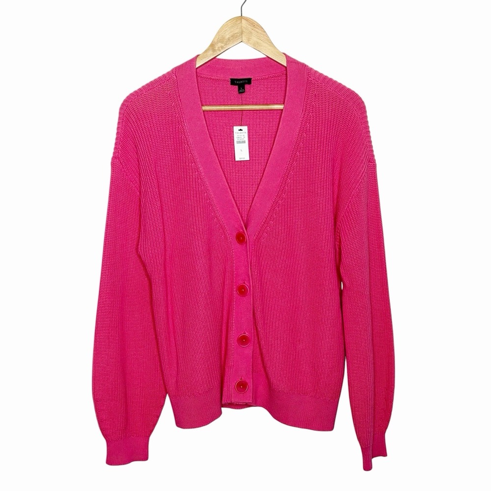 Talbots Pima Cotton Cardigan Sweater Pink Womens Size L V-Neck Button Up Ribbed